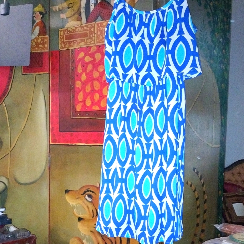 Peach Love Cream Asymmetrical Blue and White Dress